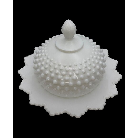 Fenton Hobnail Milk Glass Covered Butter Dish Cheese Dish Round Lidded Tray - Picture 6 of 8